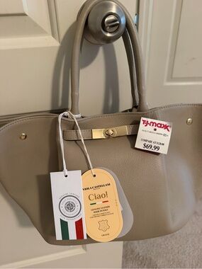 Viola Castellani Taupe Leather Tote with Gold-Tone Hardware